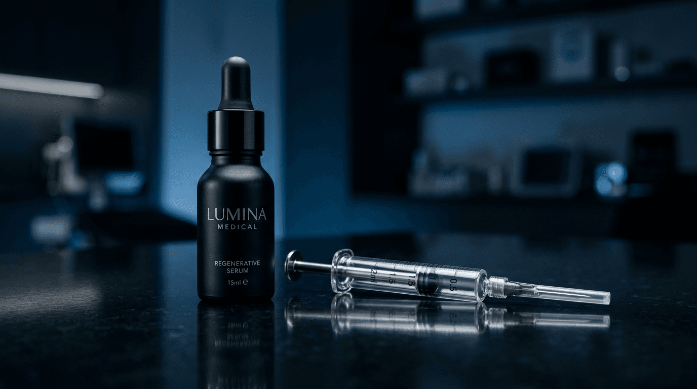 Sophisticated dropper vial on dark reflective surface