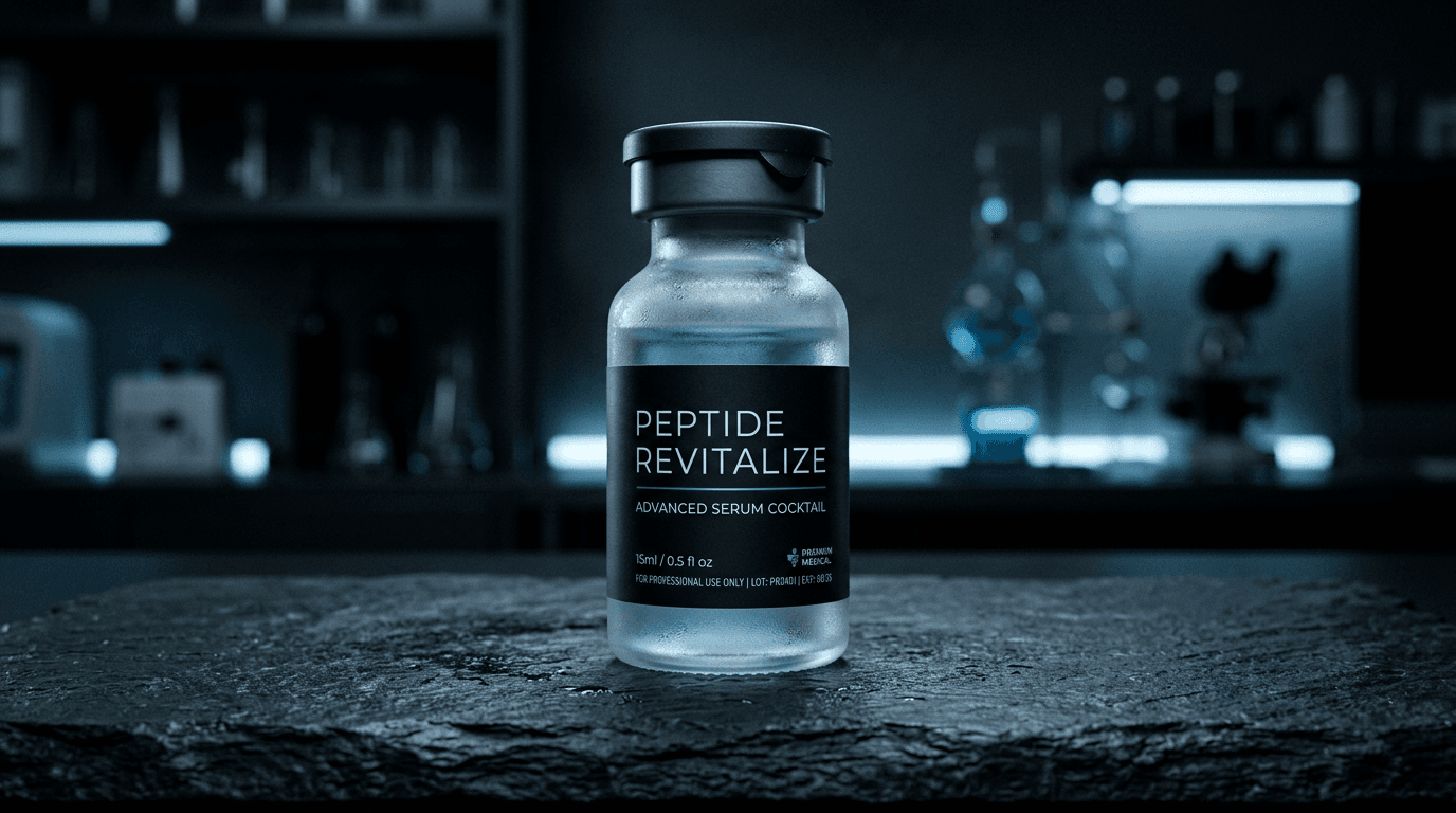 Premium peptide vial on dark slate